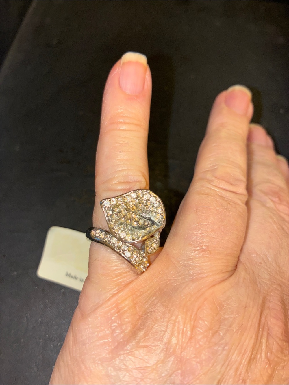 Pavé Flower Leaf Wrap Stretch Ring in Silver Tone